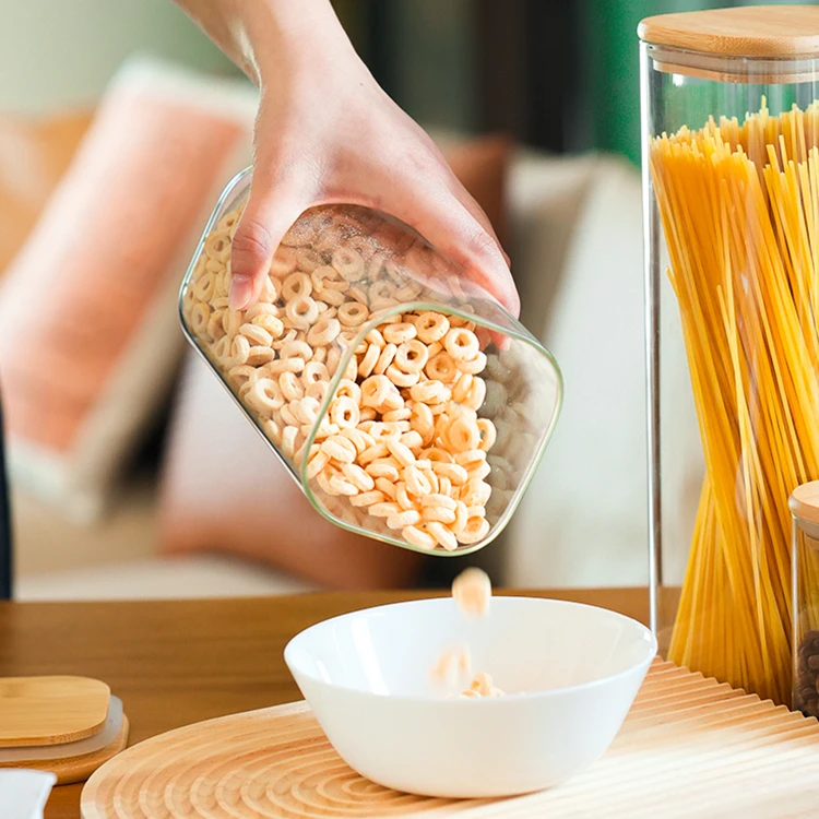 custom high borosilicate glass food storage jars containers bamboo lids kitchen canister with wooden lids set