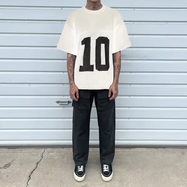 Custom cable design logo knitwear fashion crew neck short sleeve men knit crochet sweater top knitted mesh jersey