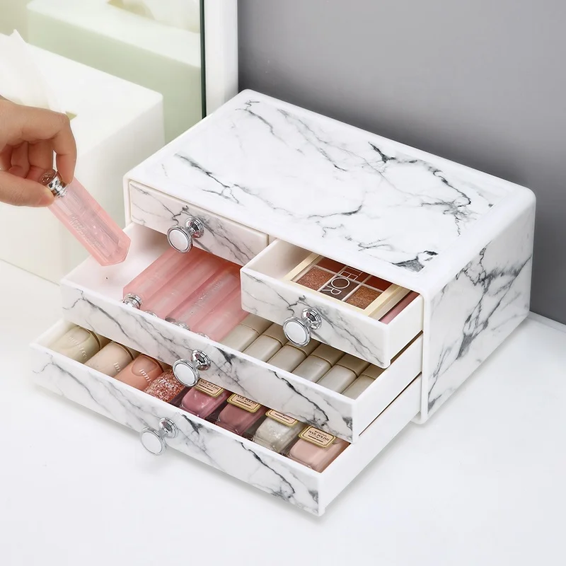 Luxury drawer design 3tier small cosmetic case holder plastic marble makeup organizer for dressing table