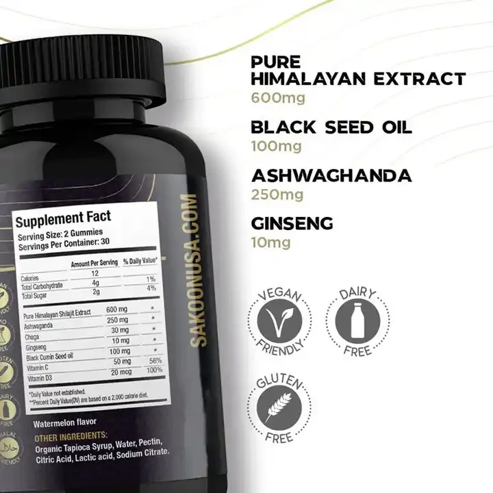 Biocaro Sugar Free Strawberry Flavor Shilajit Black Seed Oil Gummies Pure Himalayan Shilajit Gold with Honey Gummy Candies