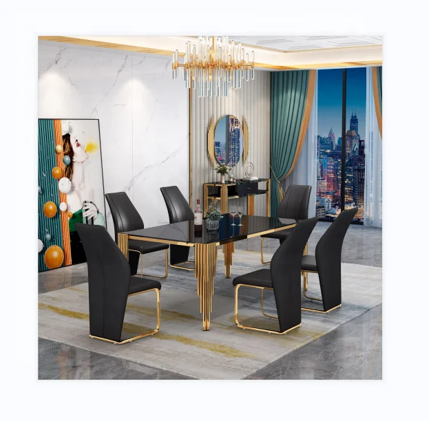 Living room modern black tempered glass dining table set  Hot Selling Stainless Steel Dining Table Set 1+6