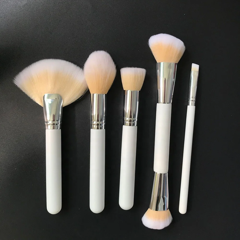 Long handle white silver dual head Single fan brush, powder makeup brushes, eyebrow contour make up tools