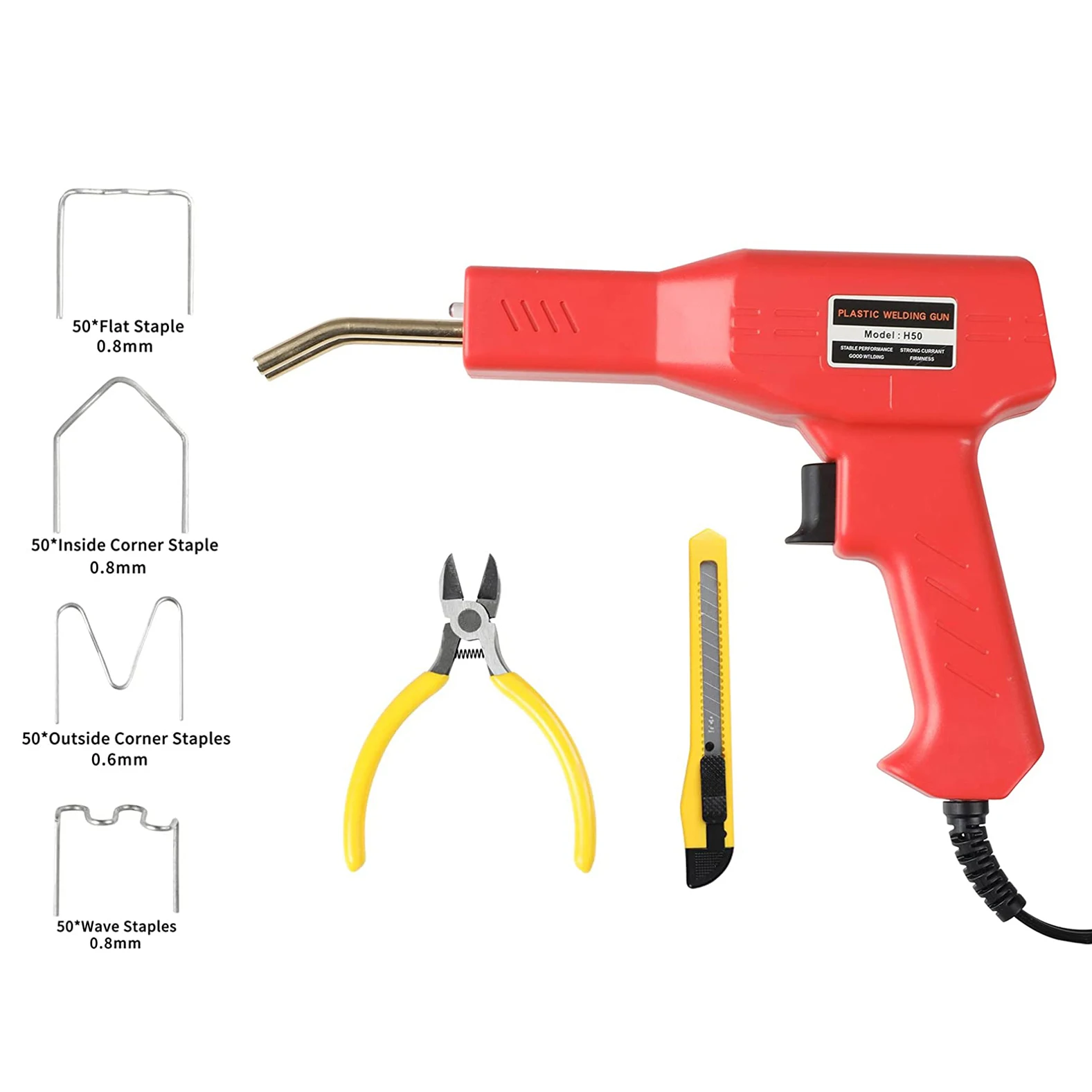 50W Hot Stapler Plastic Welder Gun Welding Tools Kit with 200PCS 4 Types Staples for Plastic Repairing Welding