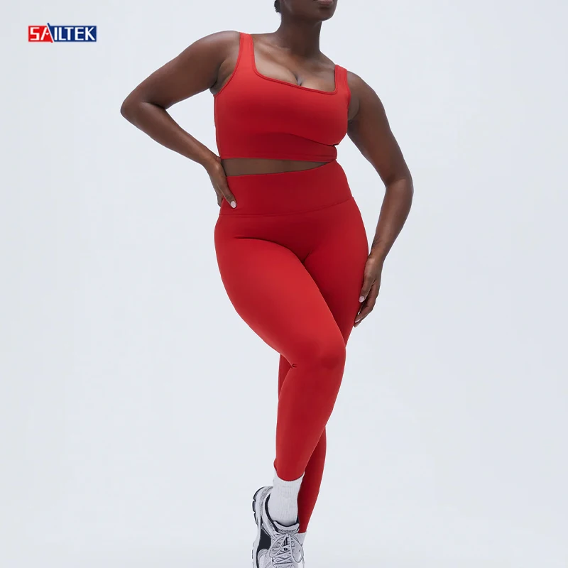 2024 High quality custom gym wear 2 piece yoga tops and leggings set breathable red plus size workout sets for women