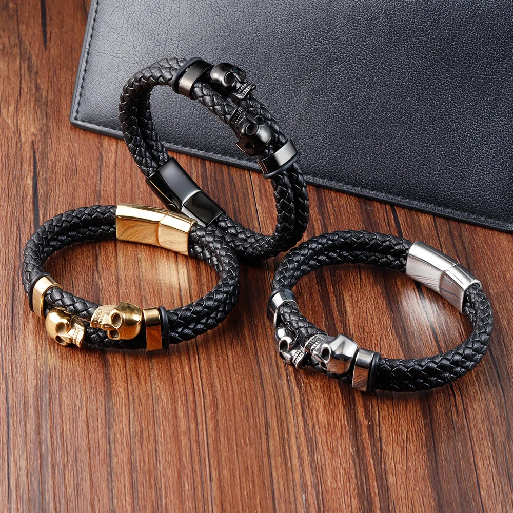Best Selling Gold And Black Plated Stainless Steel Skull Design Pu Leather Bracelet Wholesale