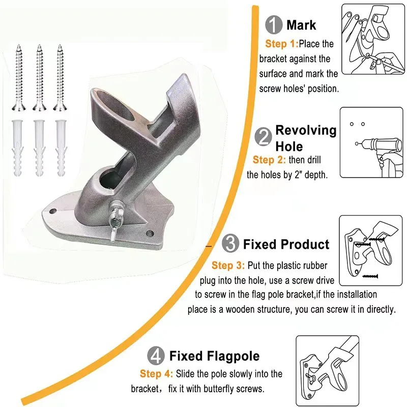 Factory Supply Heavy Duty House Flag Pole Holder Bracket 2.6CM Diameter Silver Color Aluminum Alloy Flag Wall Hanging