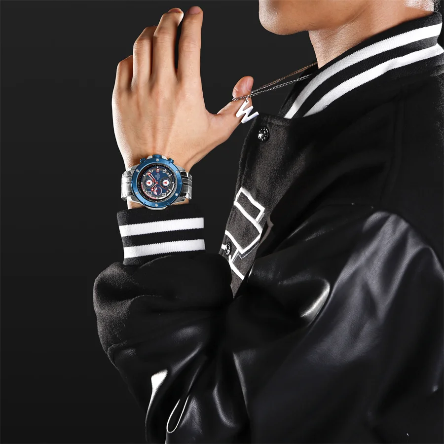 NAVIFORCE 8056 Large Steel Wrist Watch Man Fashion Brand Original Designer Watches with Arabic Luminous Dial