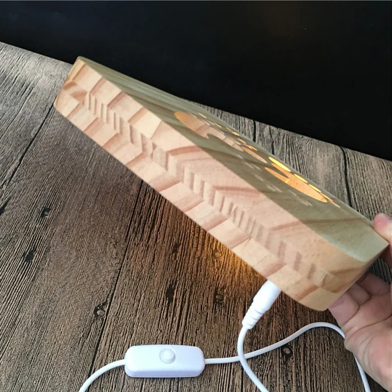 Creative Wood Lamp LED Night Light 3D Wood Carving Foot Sign Pattern USB Port Mood Lamp