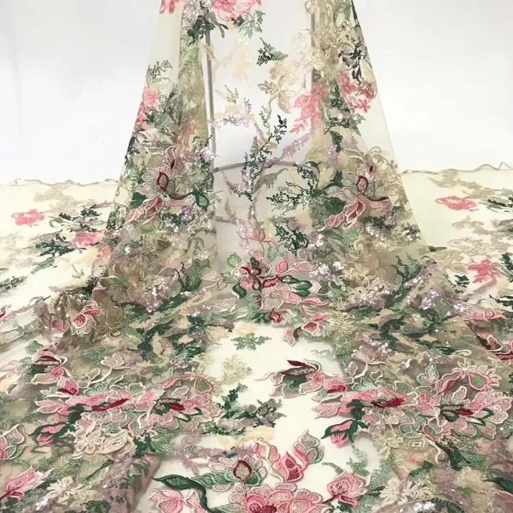 Multicolored 3D flowers  Embroidery beaded lace fabric