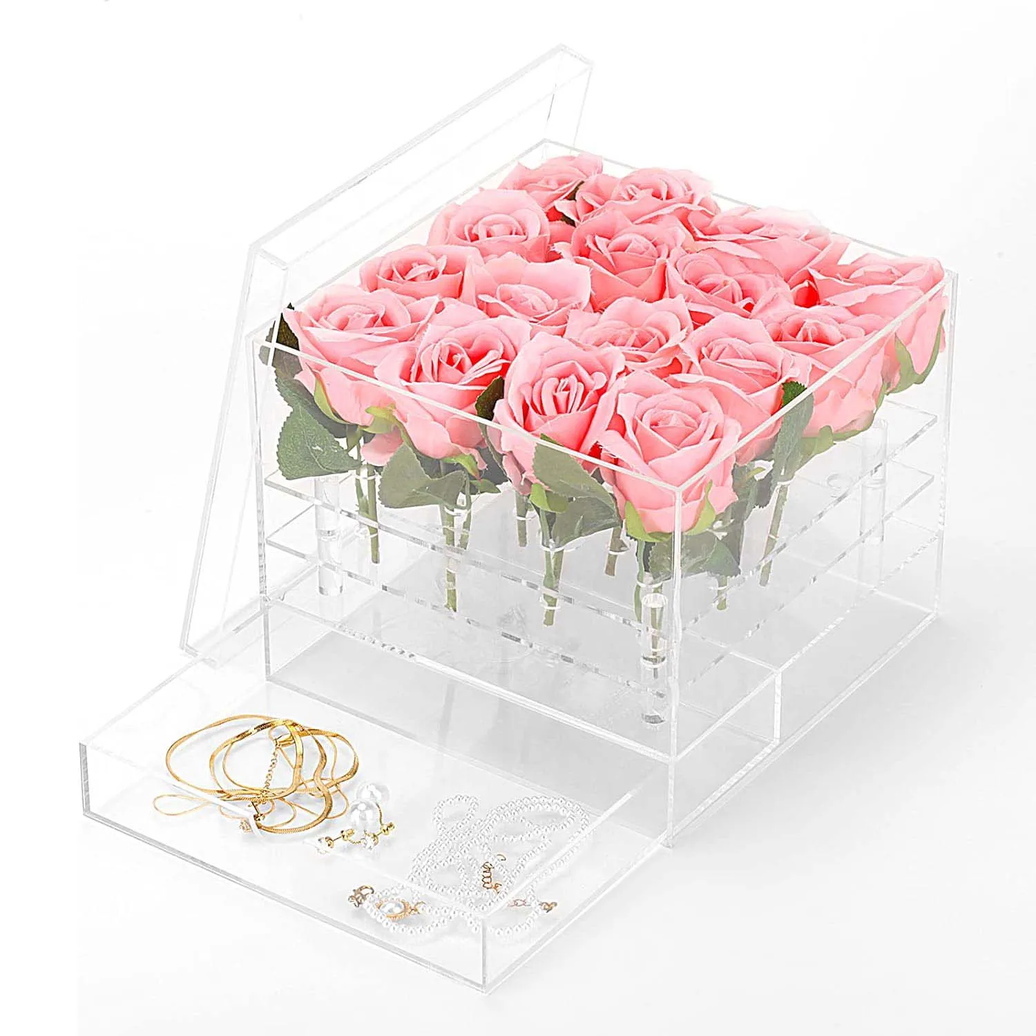 Clear Acrylic Rectangle Flower Box Drawer Decorative Gift Box Souvenir Wedding Vase Jewelry Case