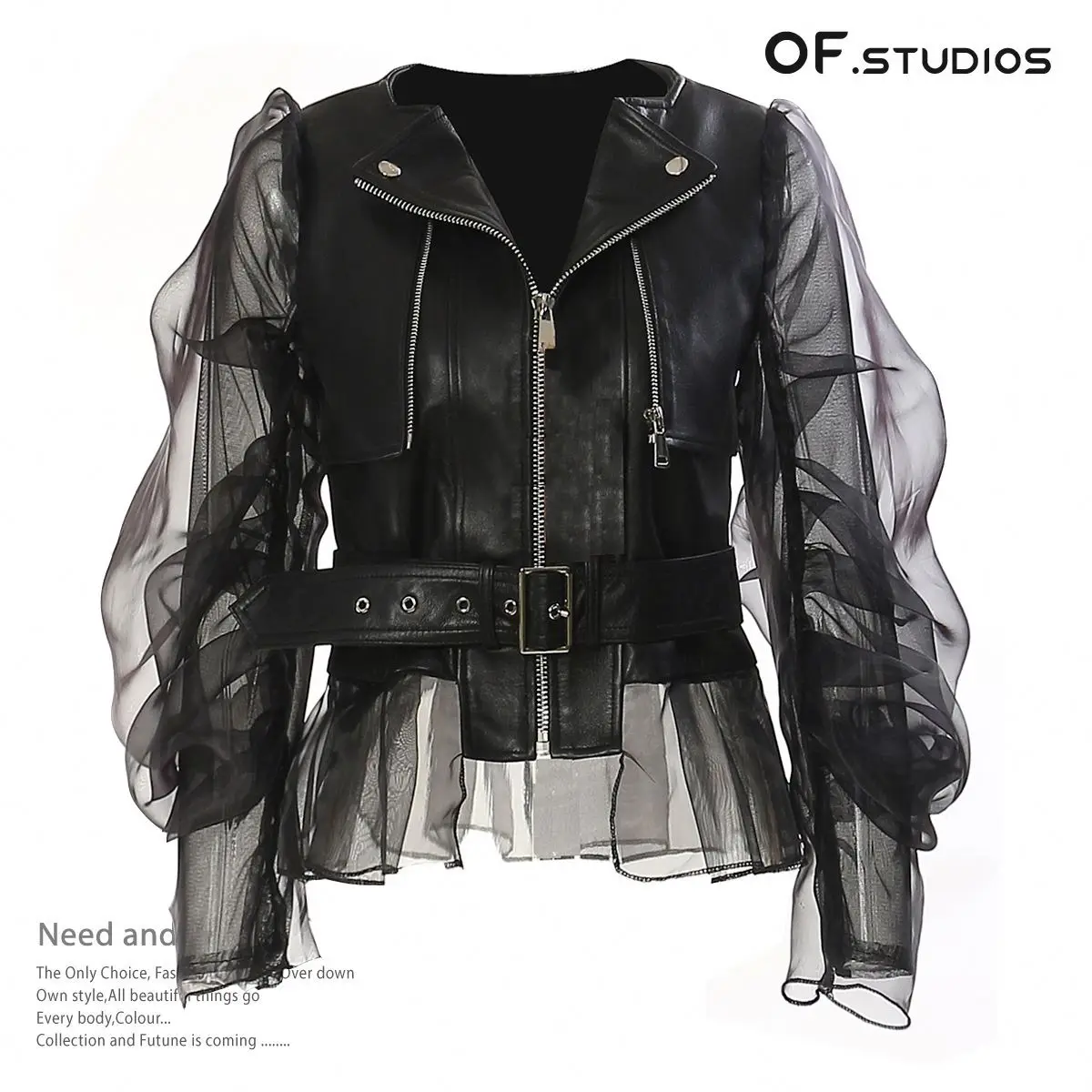 Black Mesh Gauze Translucent Double Sleeves Metal Zipper Pocket Thin Belt Tulle Hem Sweet Cool Jacket Top Coat