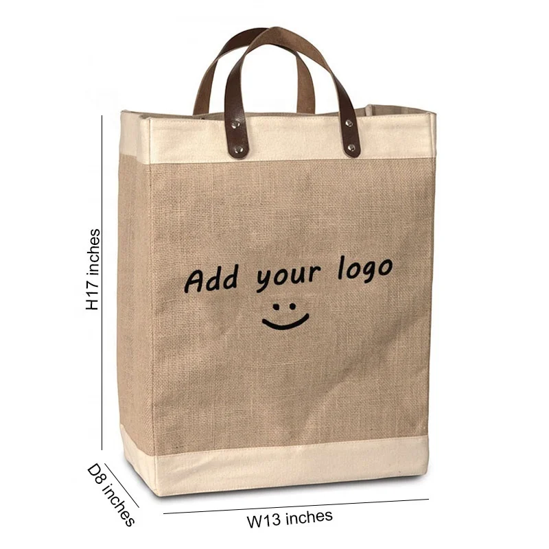Custom Printed Eco Organic Reusable Large Shopping Tote Burlap Jute Bag With Leather Handles