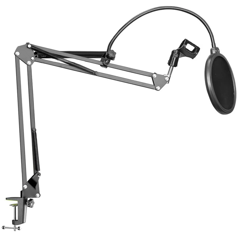 Black Suspension Boom Scissor Arm Stand with Mic Clip, Table Mounting Clamp Pop Filter Windscreen Shield Adjustable Microphone C