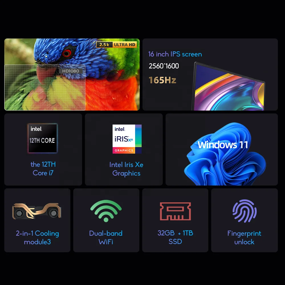 Oem Gaming Laptop 16 inch Intel 12th Gen Core i7 2.5K IPS Display 165Hz Refresh 16GB Ram Wholesale Notebook Computer Laptops