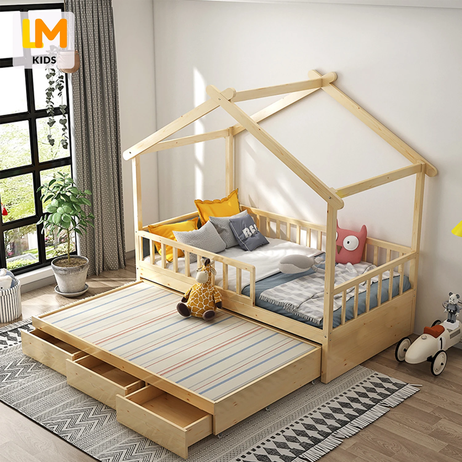 LM KIDS wooden montessori cubby kids bedroom children plywood + pine with storage drawer drag bed house bed