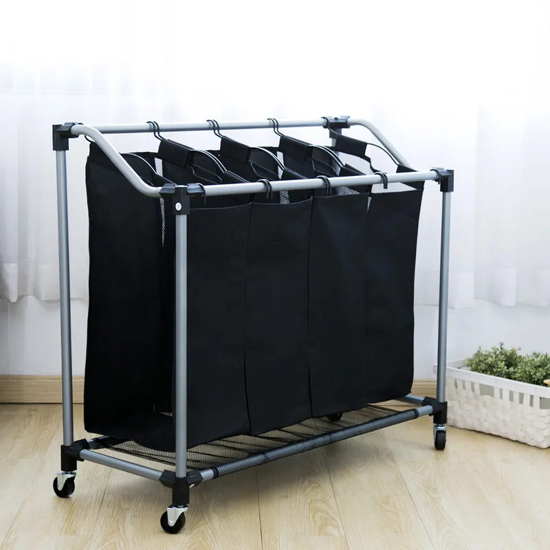 Metal Fabric Hamper Sorter Cart with Wheels Collapsible Laundry Basket Trolley Foldable