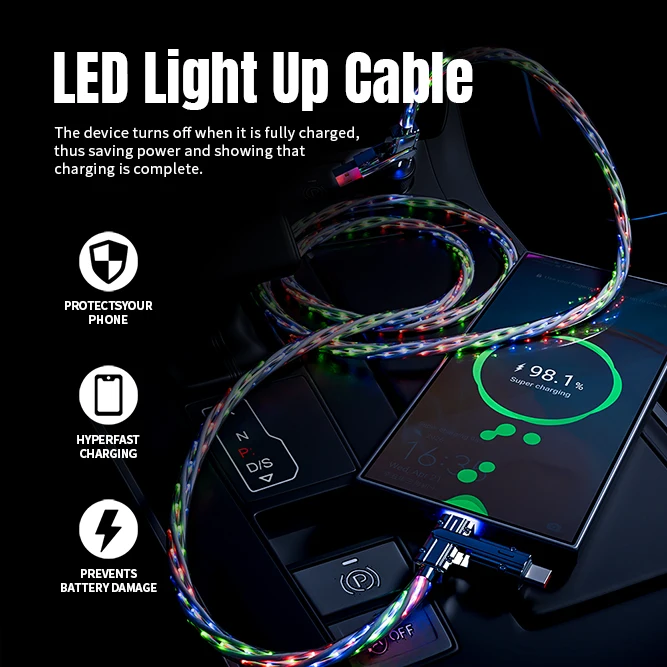 66W 4 in 1 Multi Fast Charging Cable LED Light Up USB C Cable Fast Charging Cable For iPhone 16 Charger Cord