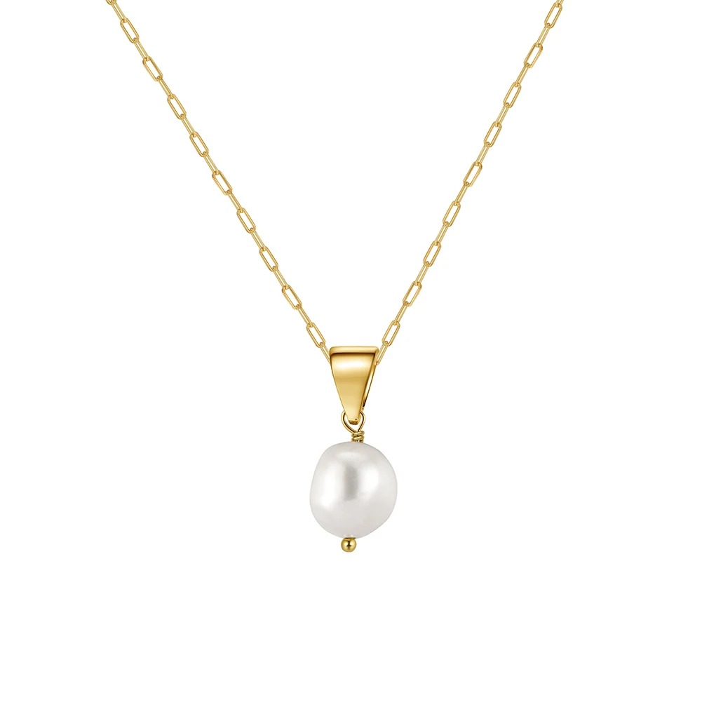 RINNTIN GPN24 Silver Freshwater Cultured White Pearl Drop Pendant 14K Gold Baroque Oval Shape Dangling Solitaire Pearl Necklace