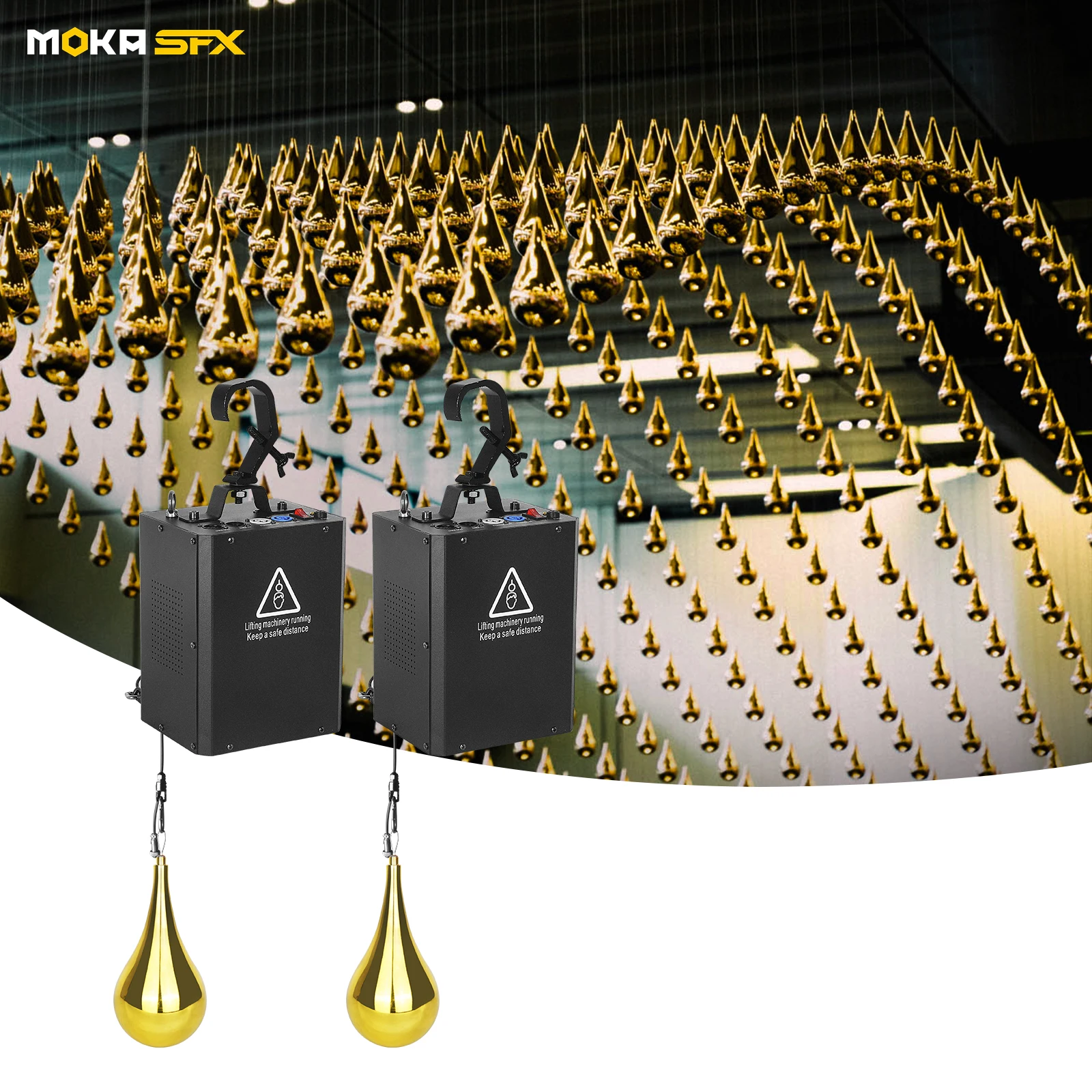 Moka sfx Kinetic Golden Rain Drops Light Fixture Led lifting Ball Dmx Winch Kinetic Matrix Light for Hotel Lobby Restaurant