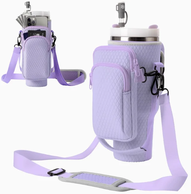 Insulated cup cover, diving material embossed water kettle bag, insulated handle cup cover, can be diagonally crossed, purple