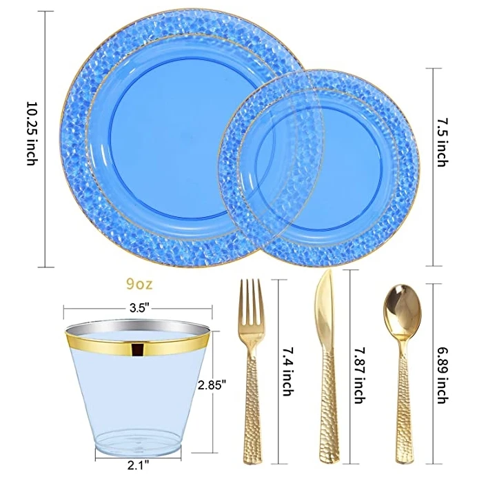 150PCS Clear Blue Plastic Plates with Gold Rim Gold Plastic Silverware-Disposable Wedding  Blue Plates