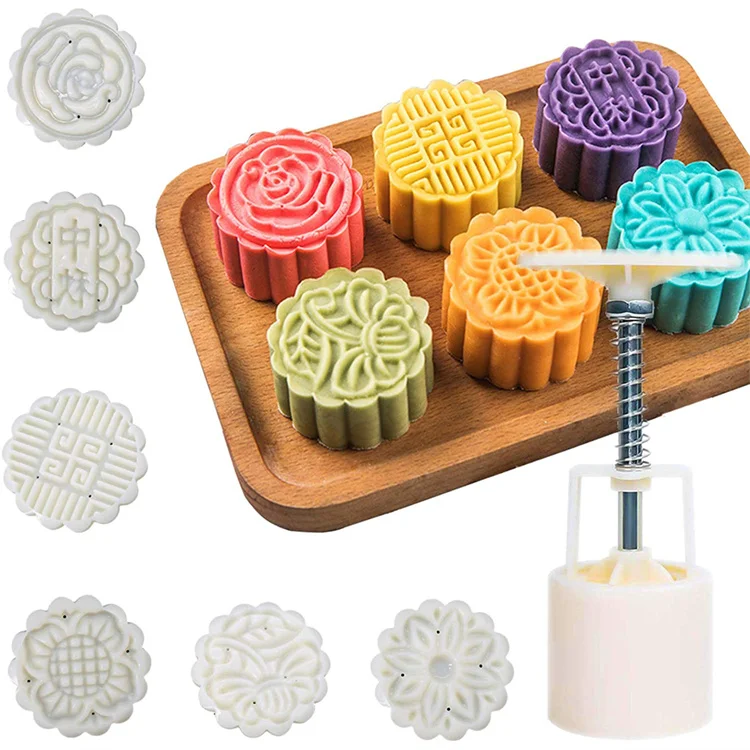 6 Style Round Flower Mooncake Mold Set 50g Mid Autumn Festival DIY Hand Pressure Fondant Moon Cake Mould Decoration Tool