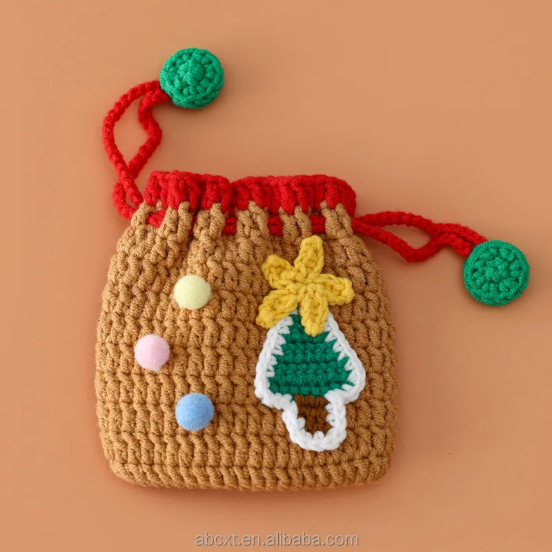 Small Cute Christmas Handmade Crocheted Knitted Girly Female Phone Drawstring Crochet Coin Bag