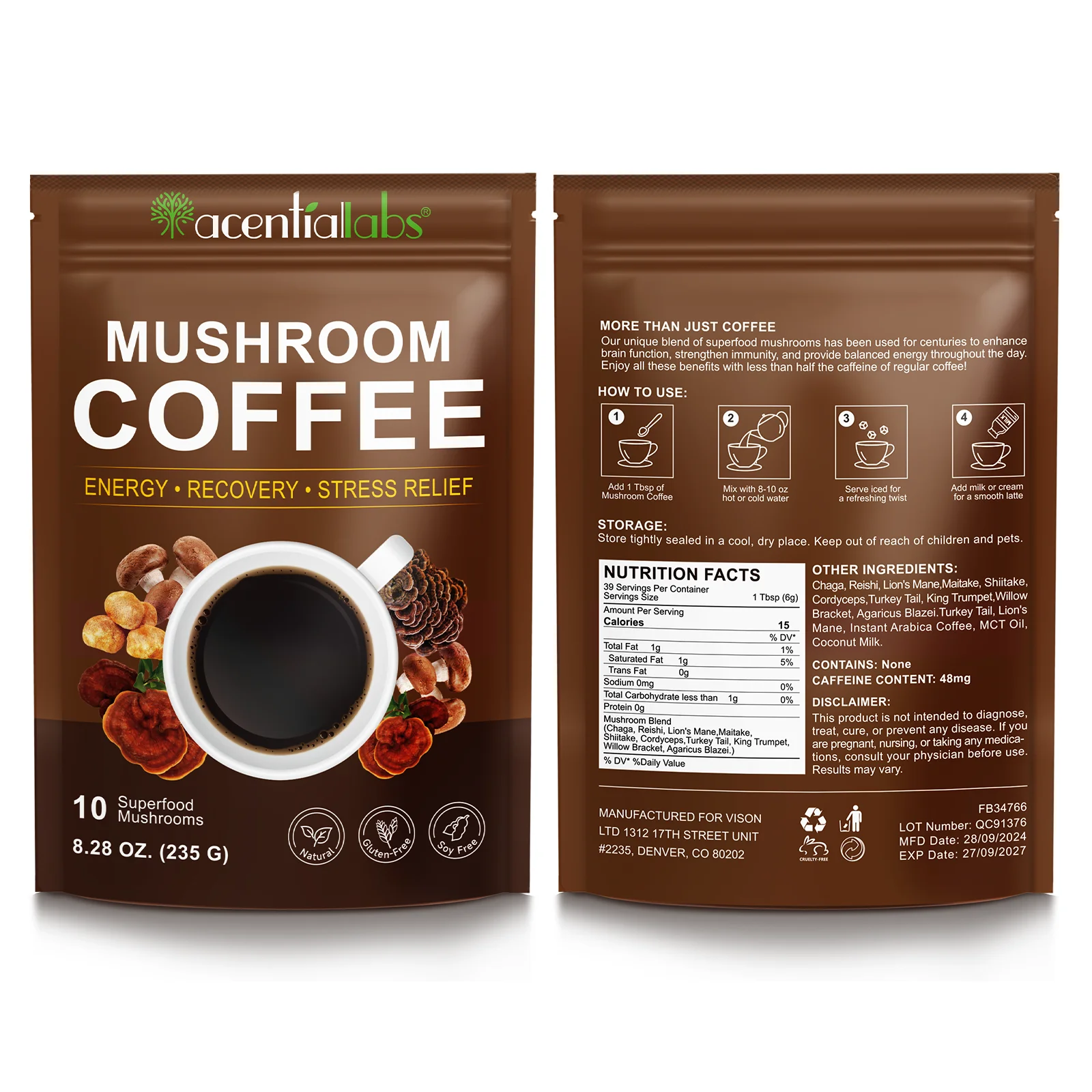 Acentiallabs stress relief energy recovery mushroom coffee weight loss organic 10 in 1 instant reishi mushroom coffee powder