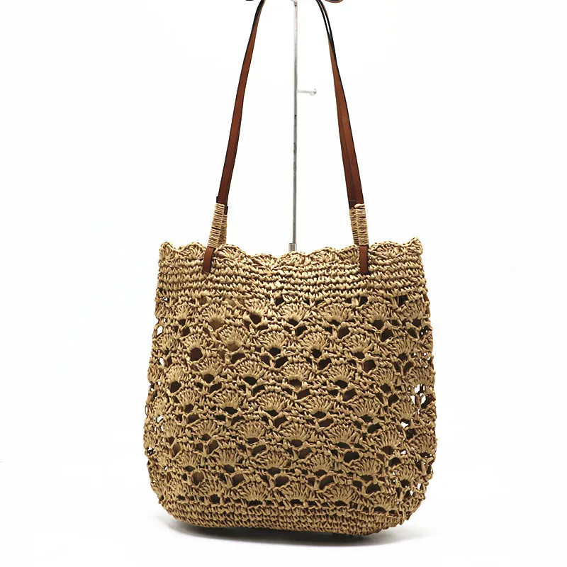 Handmade Leather Shoulder Strap Vietnam New Paper Woven Summer Handmade Knitted Straw Beach Bag