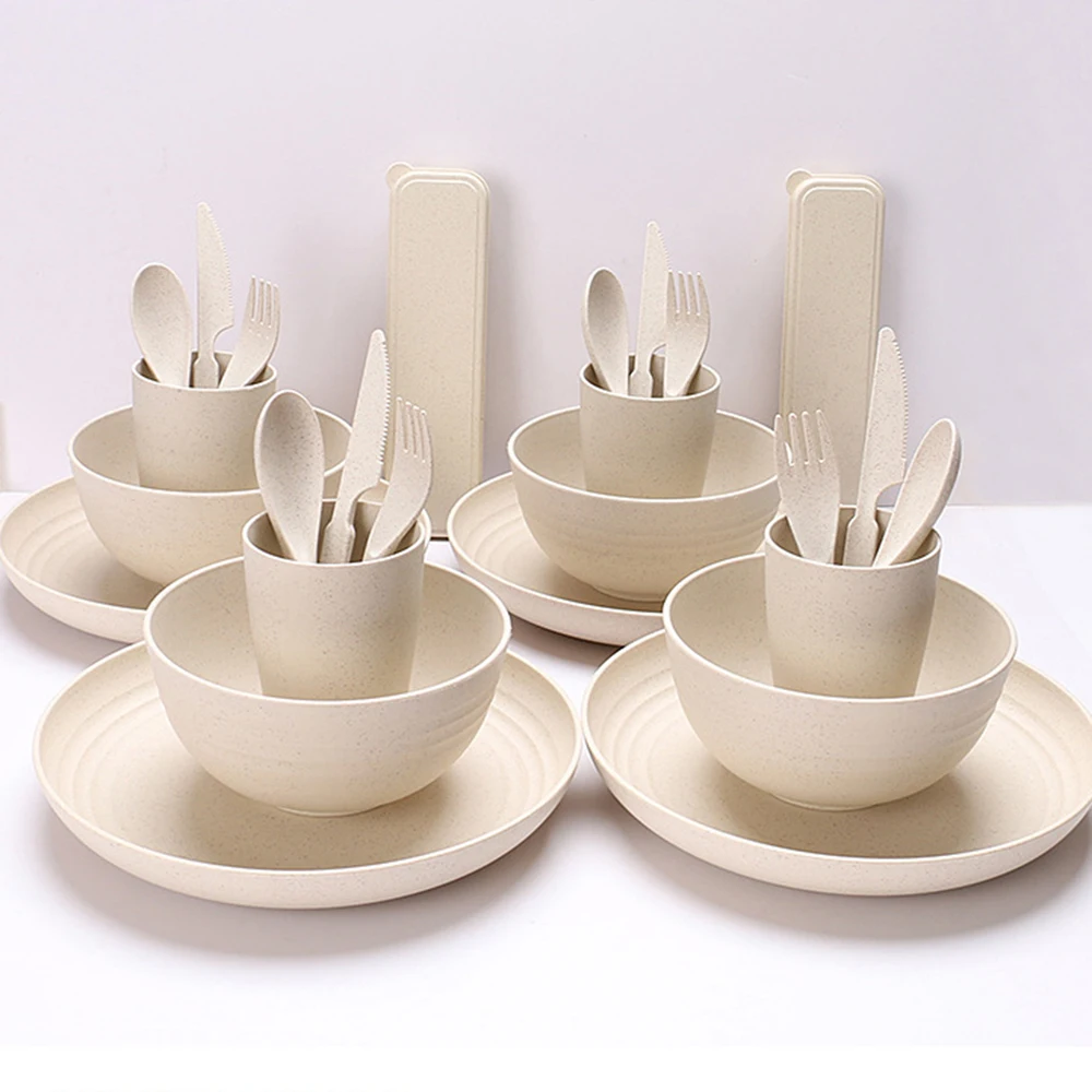 Reusable eco friendly wheat straw plastic picnic dinnerware set dinner tableware set for kids and adults