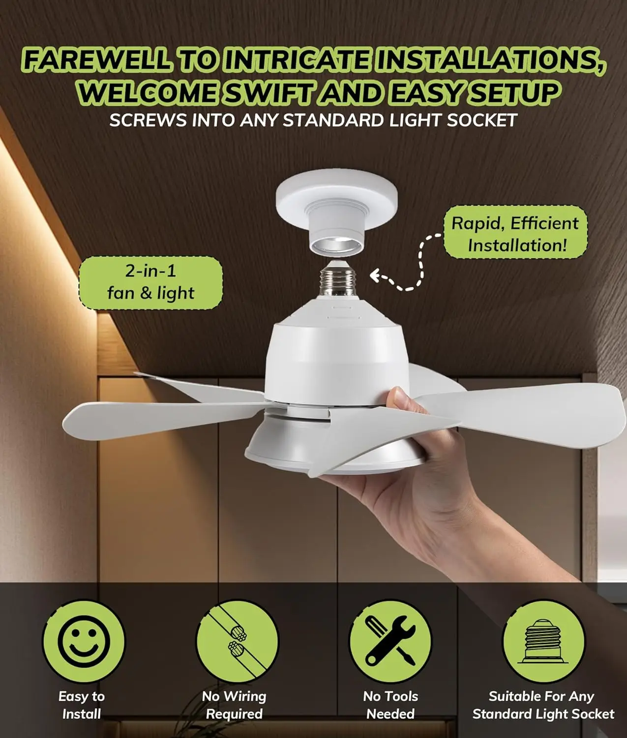 Factory CE UL Best 1000 Lumens Ceiling Fan with Light Remote 3 Gear Wind Speeds E26 E27 Bladeless Dimmable LED Socket Fan Lights
