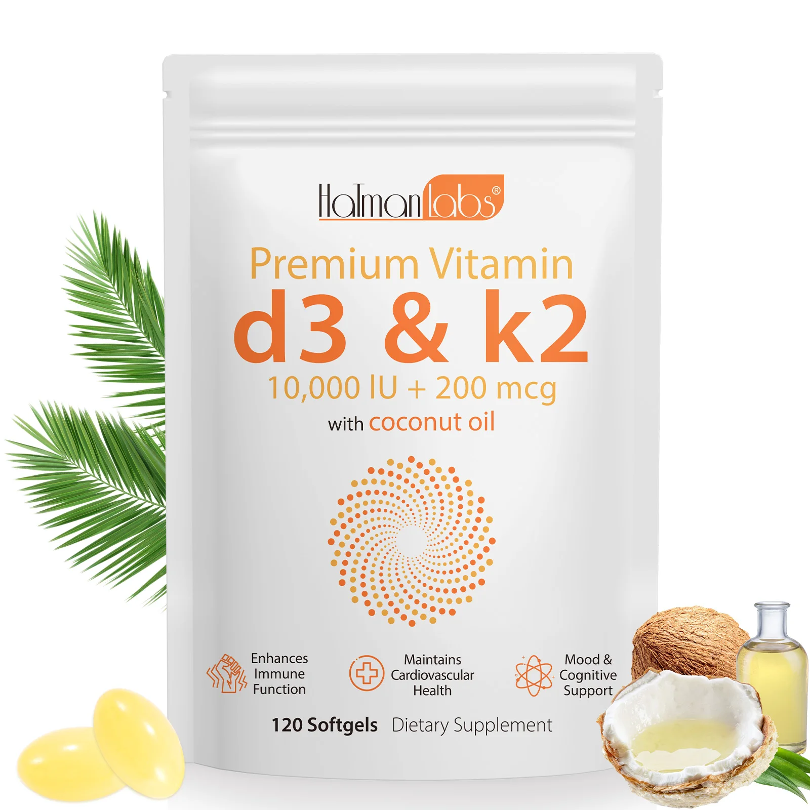 Hatmanlabs enhances immune function coconut oil vitamin d3 k2 softgels capsules supplement vitamin d3 k2 softgel