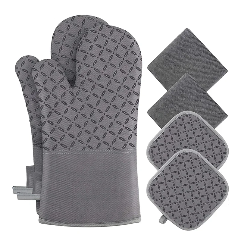 Cotton Lined Padded Mittens Non-Slip Silicone Heat Mats Customized Baking Mitts for Kitchen Gray Silicone Oven Mitts