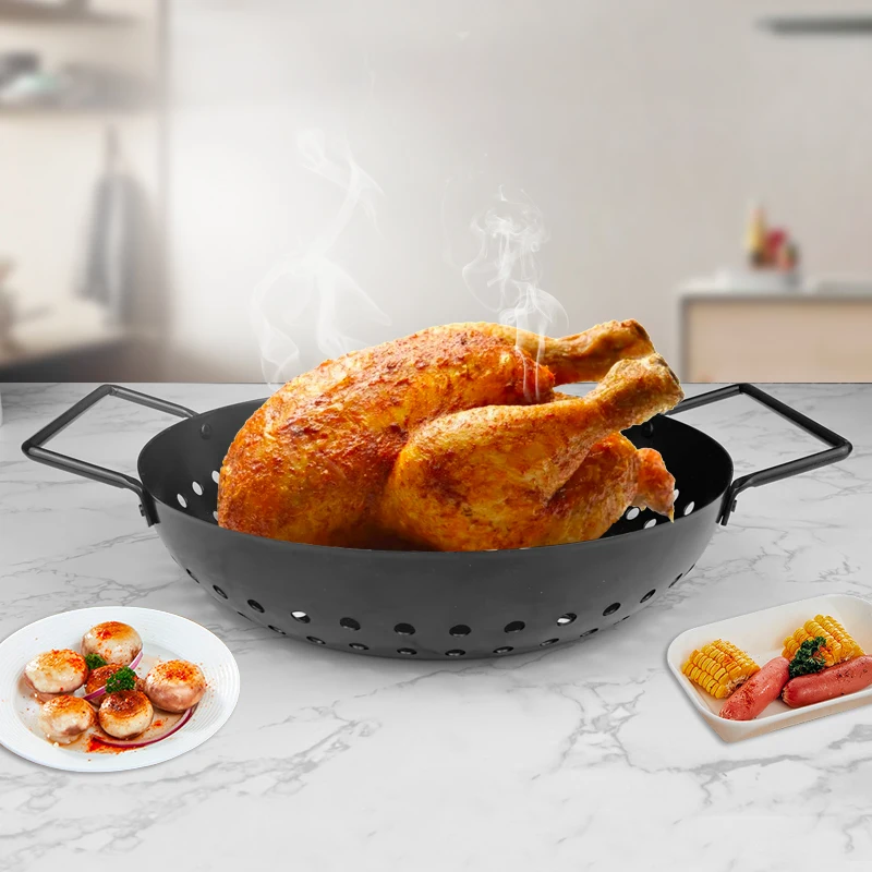 Round binaural spray paint baking pan Leaky hole nonstick paint baking pan vegetable baking basket Outdoor barbecue pan