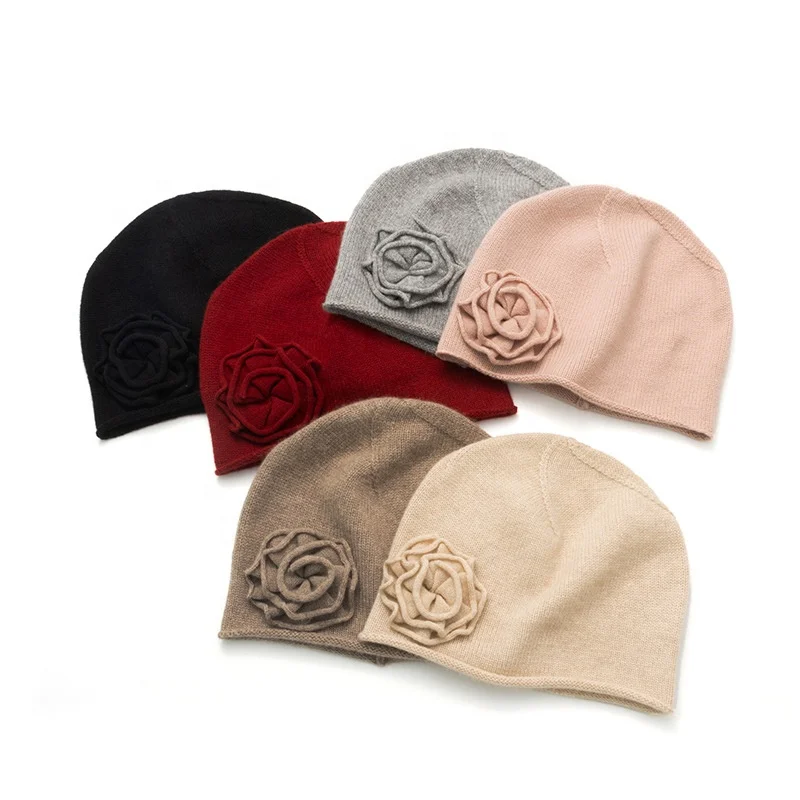 rose flower decoration inner mongolia pure cashmere beanie hat winter women warm fashion knit cashmere beanie