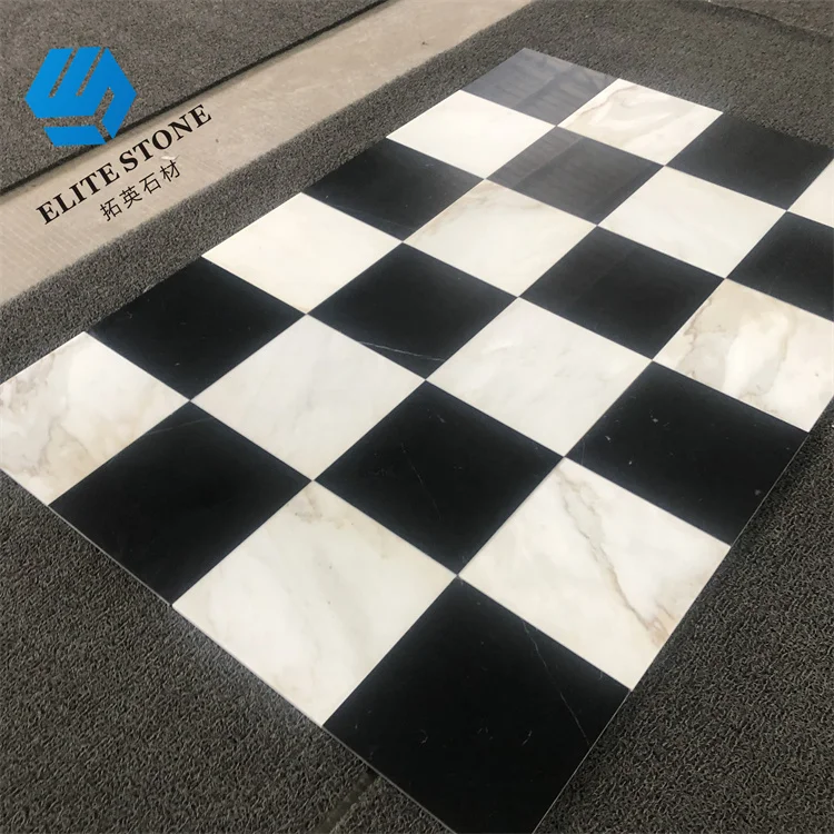 White Marble And Black Marble Checker Flooring Tiles
