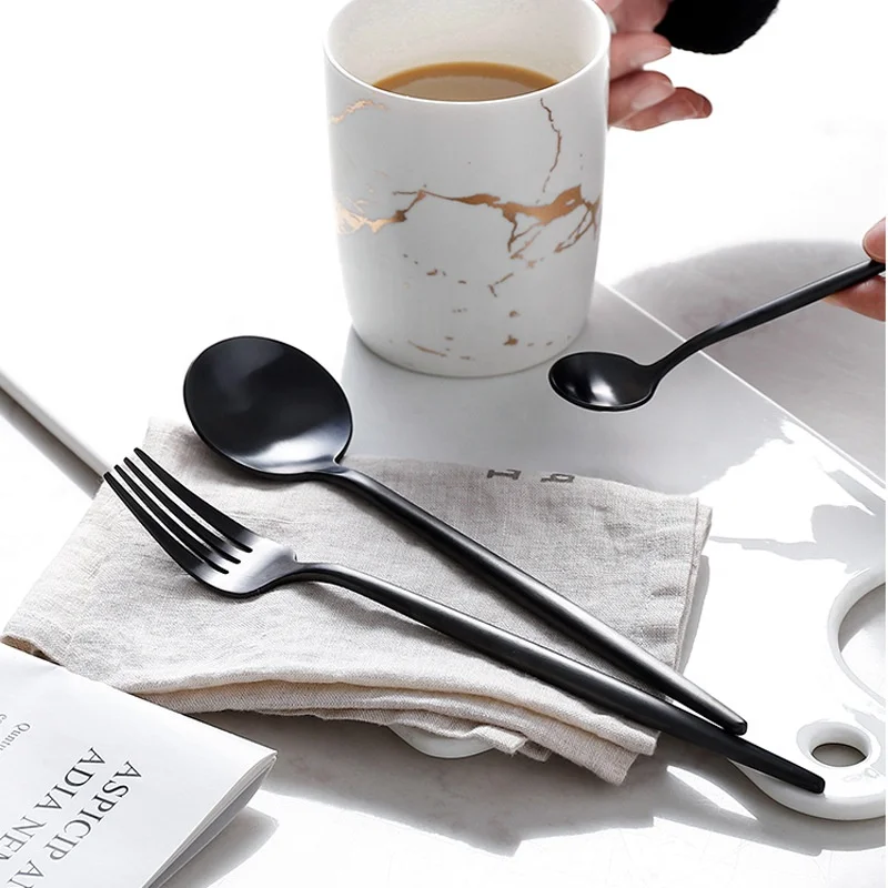 wholesale 304 stainless steel flatware sets juego de cubiertos travel  reusable restaurant black cutlery
