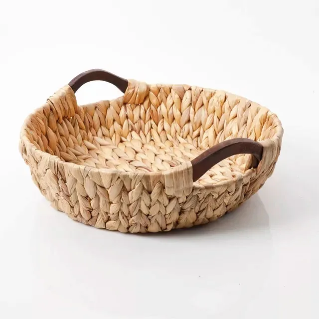 Hot sale handmade natural water hyacinth tray with handle woven basket rattan woven basket