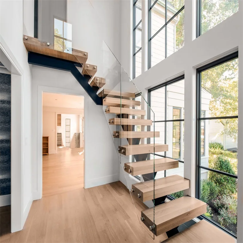 High end interior wood stair design glass railing wood stair acrylic interior stair railings
