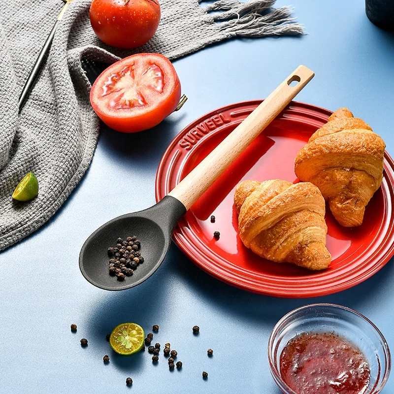  Многофункциональная кухонная ложка для домашнего использования с деревянной ручкой деревянные ложки приготовления пищи силиконовая кормления