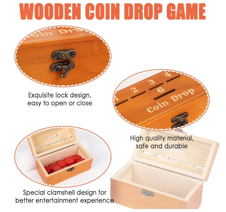 Factory Wholesale Family kids children Wooden Penny Game Penny Coin Game Contains 50 Coins Wooden Game Box