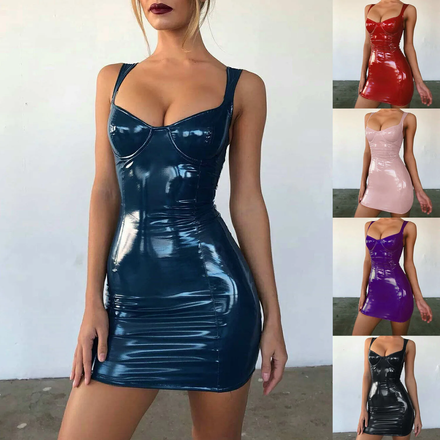 Sexy Pink Pu Leather Bodycon Dress 2021 Summer Women Sleeveless Low Cut Back Zipper Elastic Mini Dress Party Club Dress Bandage