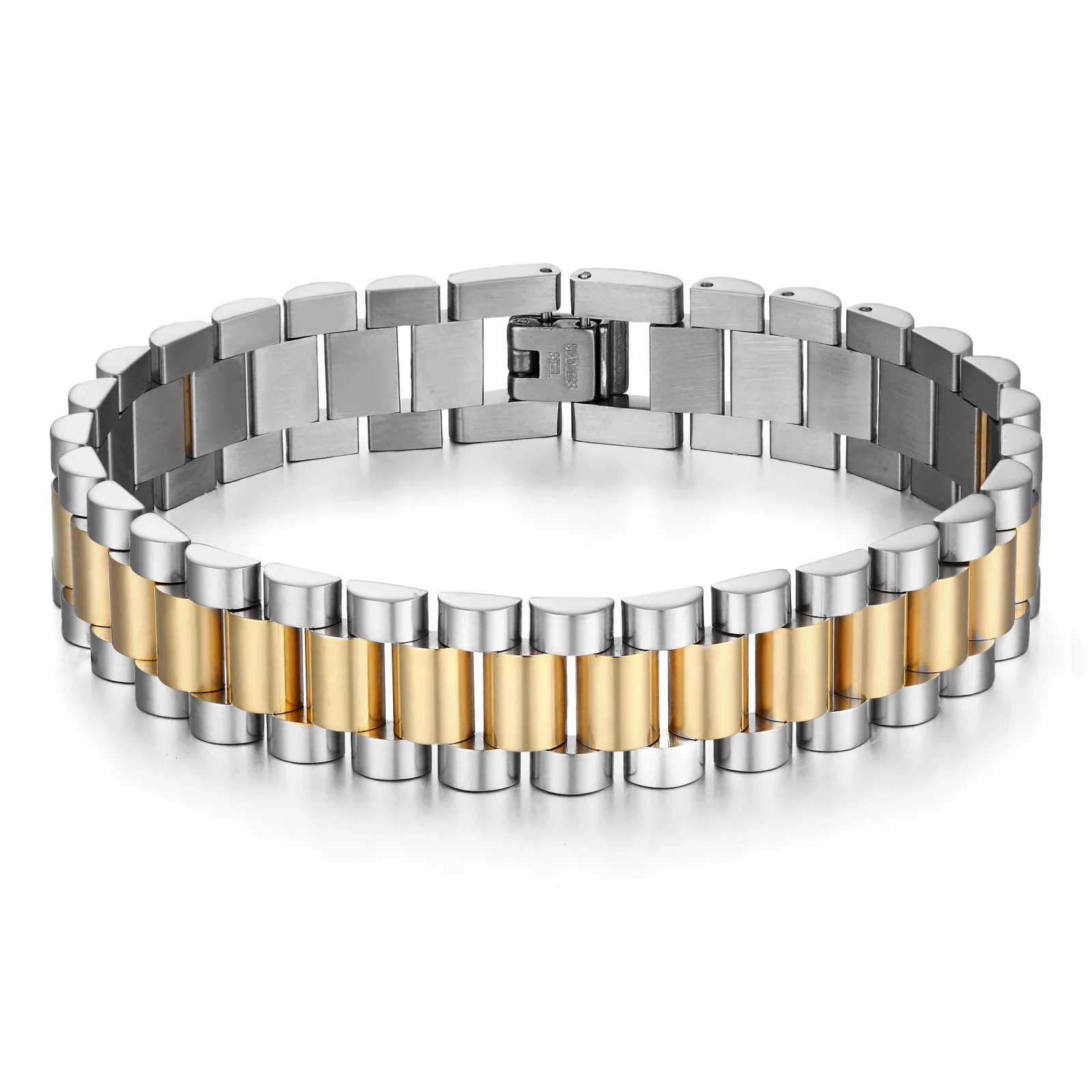 10mm Men Bracelet 18k Gold Plated Stainless Steel Strap Fine Jewelry Bracelets & Bangles
