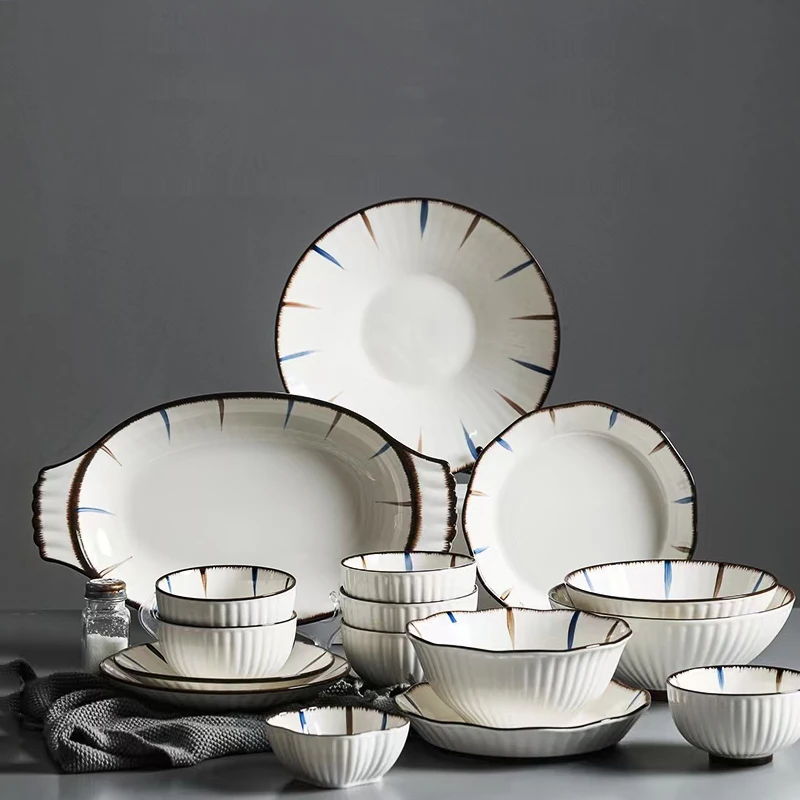 japanese style vintage embossed striped ceramic household bowl chopstick tableware set gift