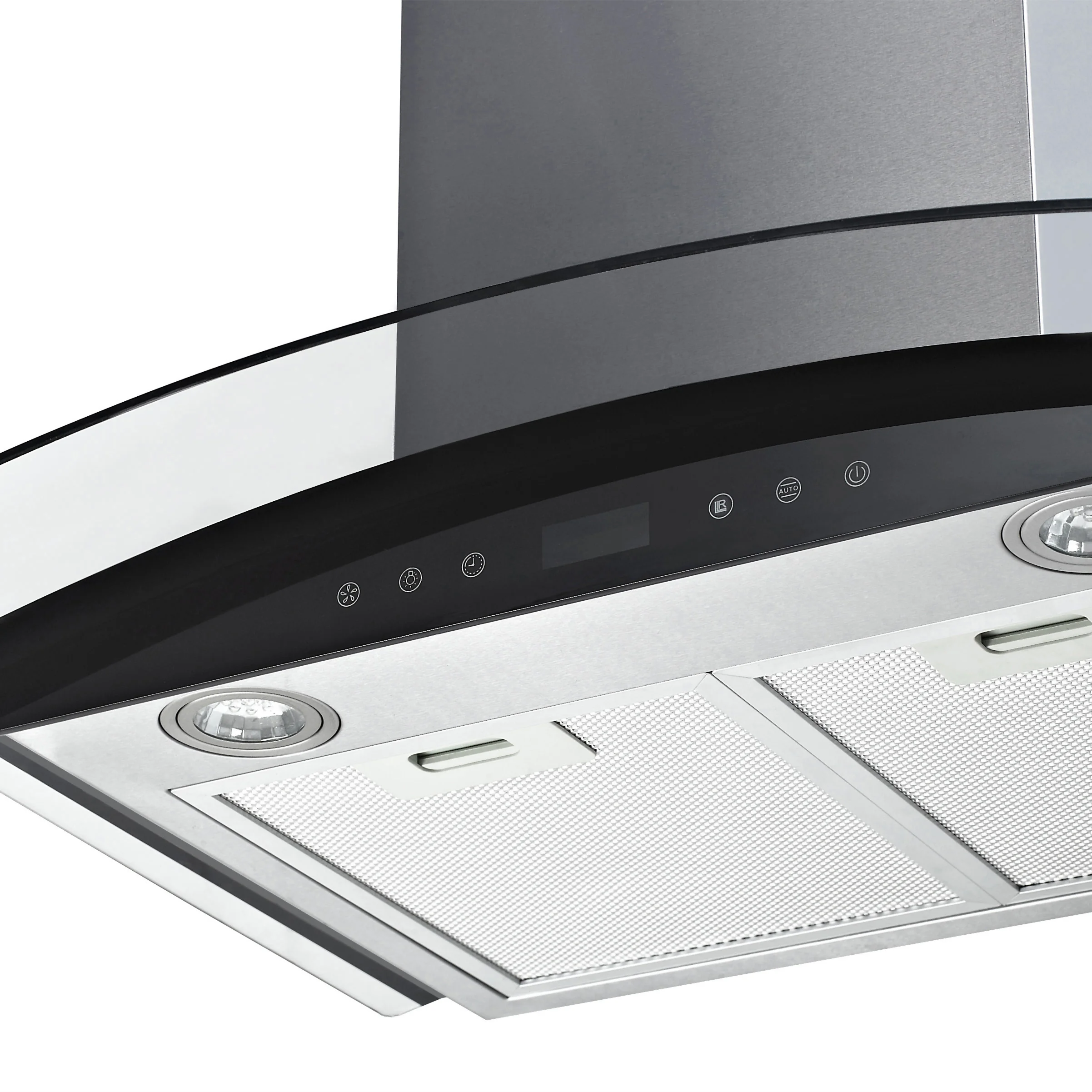 Modern high efficiency unique design kitchen chimney exhaust hood island curve glass restaurant kitchen smart range hood