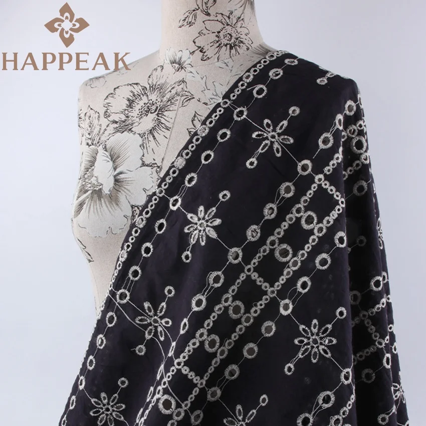 HAPPEAK Hot Sales Dark Blue Embroidered Fabric Hollow Eyelet White Embroidery 100% Cotton Fabric For Clothing