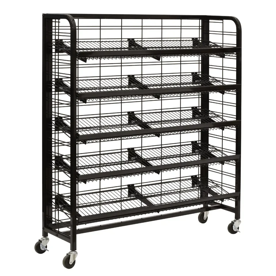 Floor Standing Metal Mobile Display With 5 Shelves and casters