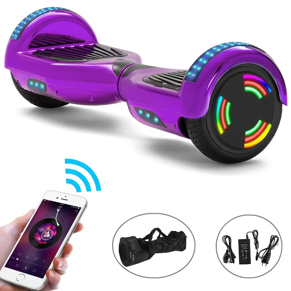 E-skateboard 6.5 Inch Electric Scooters LED Remote Key 2Wheels Self-balancing Scooter For kids Purple Chrome Hoverboad