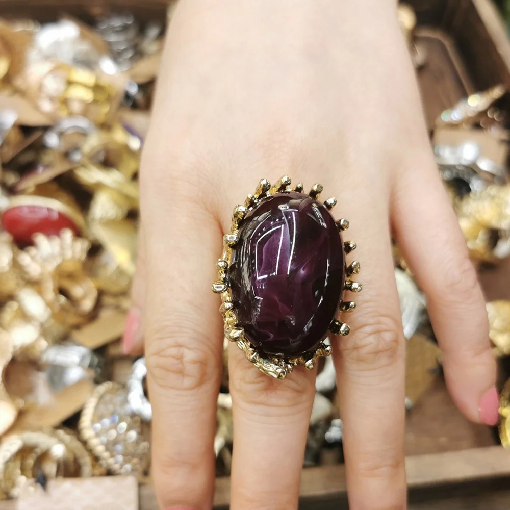 Turkish Jewelry Gold Ring Women Light-weight Natural Stone Vintage Cool Fashion