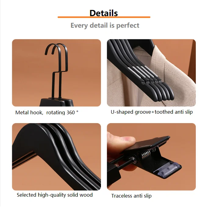 Store Custom LOGO 2 Piece Set Top Bottom Coat Pant Deluxe Black Wooden Hangers For Cloths Suit Hangers
